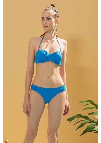 Turkuaz Büzgülü Bikini Takımı
