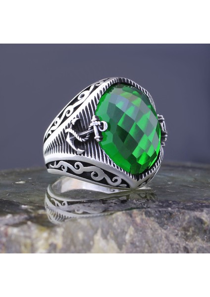 925 Ayar Gümüş Yeşil Zirkon Taşlı Çapalı Oval Erkek Yüzük