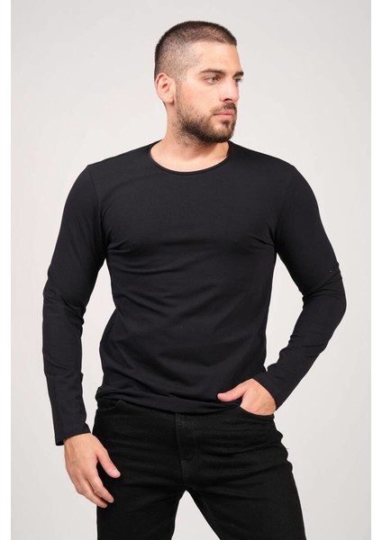 Erkek Sıfır Yaka Uzun Kol Basic T-Shirt Lacivert