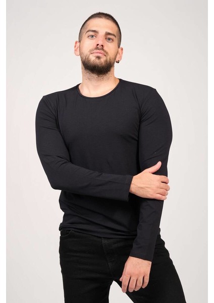 Erkek Sıfır Yaka Uzun Kol Basic T-Shirt Lacivert fiyatları