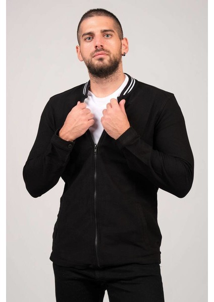Erkek Dik Yaka Fermuarlı Sweat Siyah