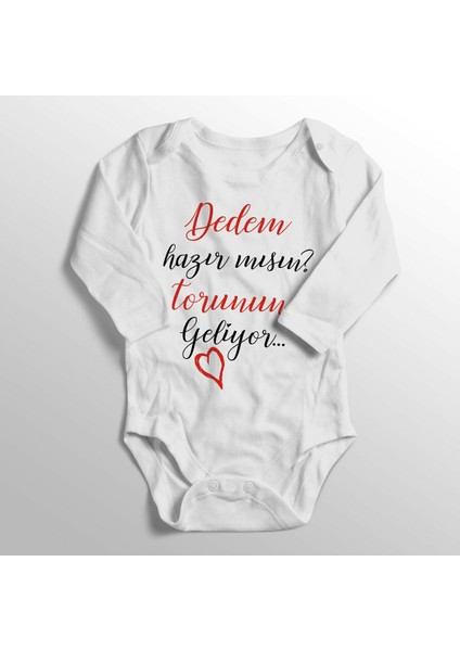 Unisex Bebek Beyaz Dedem Hazır Mısın Torunun Geliyor Baskılı Bebek Zıbını