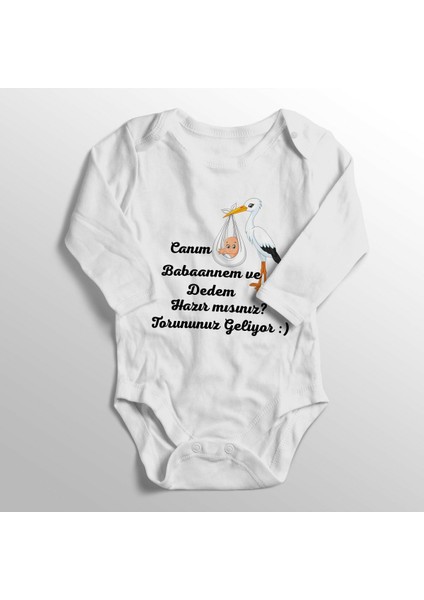 Unisex Bebek Beyaz Canım Babaannem ve Dedem Hazır Mısınız Torununuz Geliyor Baskılı Zıbın