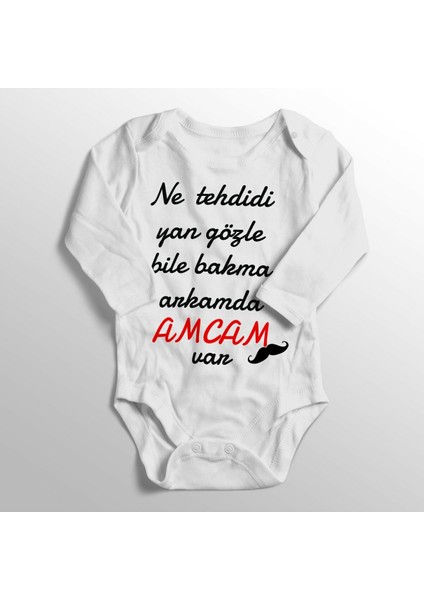 Unisex Bebek Ne Tehdidi Yan Gözle Bile Bakma Arkamda Amcam Var Baskılı Bebek Zıbını