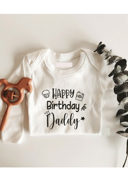 Happy Birthday Daddy Kral Taçlı Uzun Kol Çıtçıtlı Organik Bebek Body