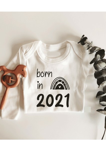Born In 2021 Uzun Kol Çıtçıtlı Organik Bebek Body