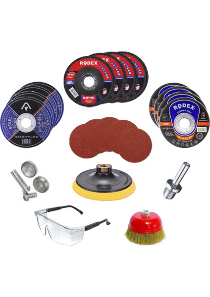 Badem10 45 Parça Spiral Avuç Taşlama Flap Ahşap İnox Metal Kesici Kesme Diski Seti Tel Fırça Seti 115 mm
