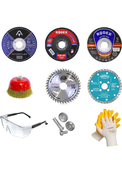 Badem10 9 PARÇA Mermer İnox Ahşap İnox Metal Flap Kesici Kesme Disk Spiral Avuç Taşlama Seti 115 mm