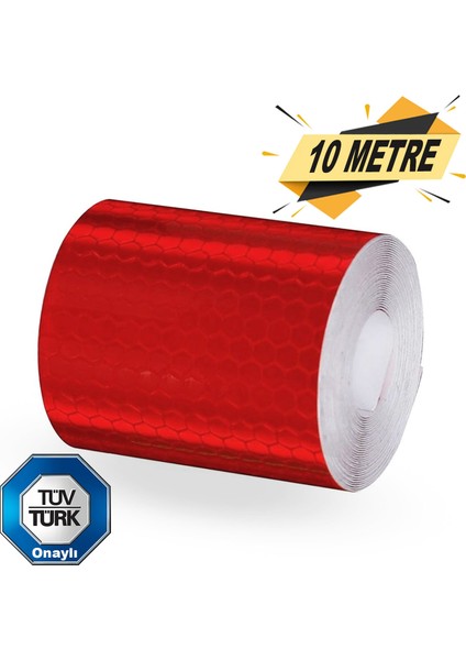 Tüvtürk Onaylı Reflektörlü Reflektif Fosforlu Şerit Bant Kırmızı Reflekte İkaz Bandı (10 METRE)