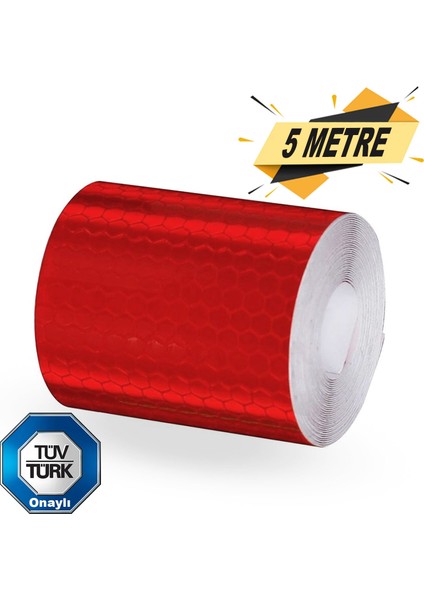 Tüvtürk Onaylı Reflektörlü Reflektif Fosforlu Şerit Bant Kırmızı Reflekte İkaz Bandı (5 METRE)