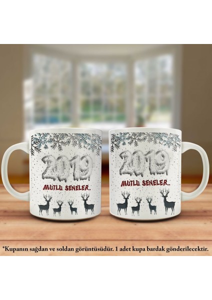 Yeni Yıl 2019 Mutlu Seneler Geyikli Tasarım Kupa Bardak - Arkadaş ve Sevdiklerinize Hediyelik