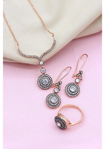 Elmas Montürlü Damla Modeli Roz Gümüş Set 070