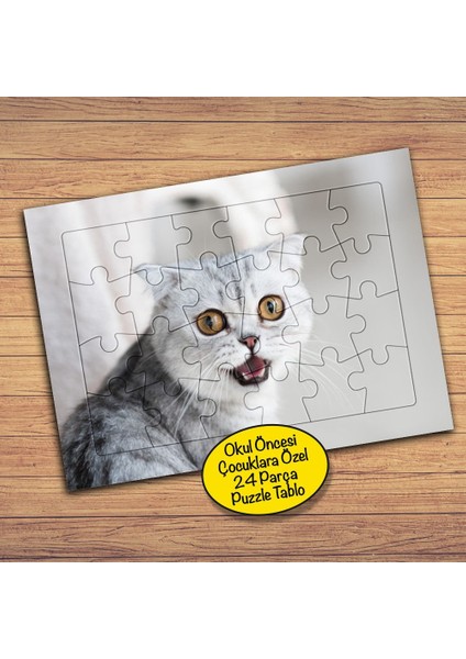 Sevimli Gri Tüylü Kedi Çocuklara Özel Puzzle Yapboz Tablo-7260