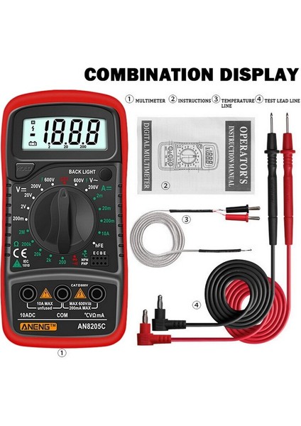 AN8205C Kırmızı Taşınabilir Elektrik Dijital Multimetre Arka Işık Ac Dc Ampermetre Voltmetre Ohm Teste (Yurt Dışından)