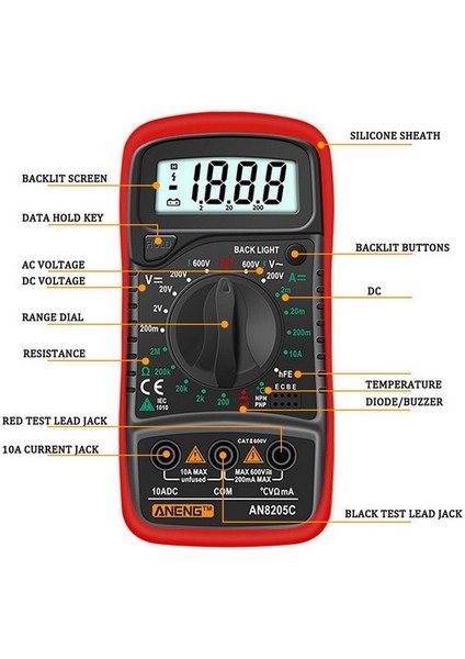 AN8205C Kırmızı Taşınabilir Elektrik Dijital Multimetre Arka Işık Ac Dc Ampermetre Voltmetre Ohm Teste (Yurt Dışından)