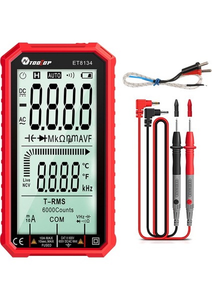 ET8134 Kırmızı Dijital Multimetre True-Rms Otomatik Ranging Ac / Dc Volt Ohm Kapasite Sürekliliği (Yurt Dışından)