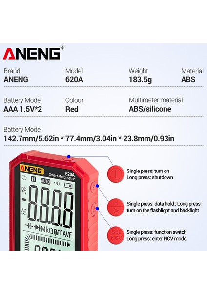 ET8134 Kırmızı Dijital Multimetre True-Rms Otomatik Ranging Ac / Dc Volt Ohm Kapasite Sürekliliği (Yurt Dışından)