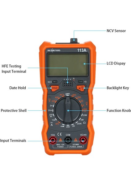 RM113A Ncv Dijital Multimetre 2000 Sayım Hfe Ac / Dc Gerilim Ölçüm Ölçer Magnetik Emme (Yurt Dışından)