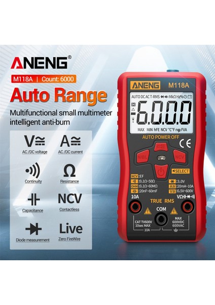 AN9205 Kırmızı Dijital Multimetre Gerçek Rms Ac / Dc Gerilim Akım Ölçer Ncv Ohm Pik Test Cihazı (Yurt Dışından)