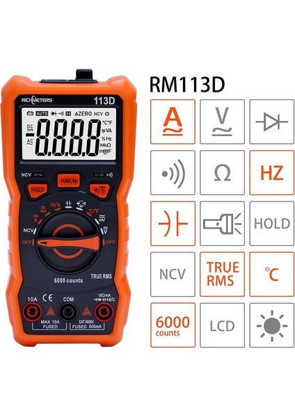 113D Turuncu Multimetre Dijital Profesyonel Multimetreler Test 10A Otomatik Aralığı Ac / Dc Gerilim (Yurt Dışından)