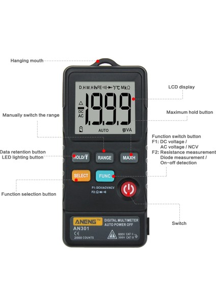 AN302 Mini Dijital Multimetre 1999COUNTS Ac / Dc Voltmetre Dirençli Ampermetre Ölçer Test Cihazı (Yurt Dışından)
