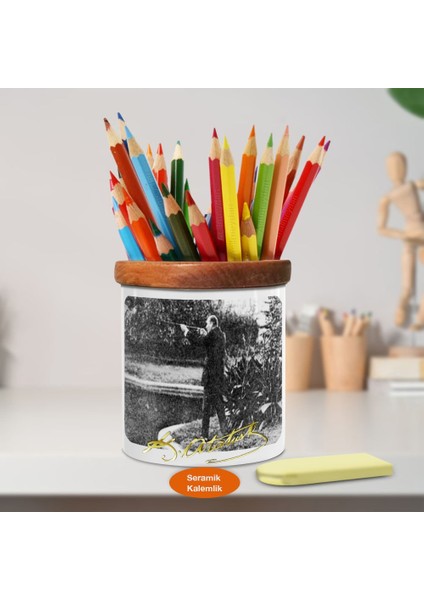 Atış Yapan Mustafa Kemal Atatürk Ahşap Seramik Kalemlik-04