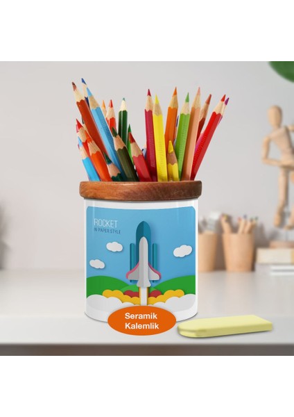 Uçan Uzay Roketi Ahşap Seramik Kalemlik - 2147920178