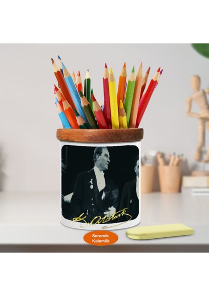 Mustafa Kemal Atatürk Ahşap Seramik KALEMLIK-S390