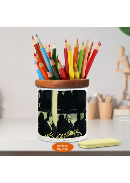 Mustafa Kemal Atatürk Ahşap Seramik KALEMLIK-S364