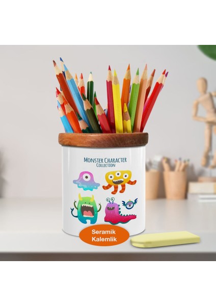Renkli Neşeli Canavarlar Ahşap Seramik Kalemlik - 23-2147777129