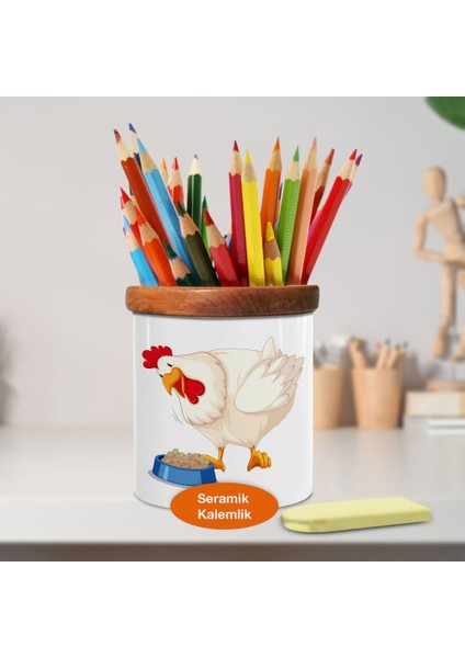 Yem Yiyeyen Sevimli Tavuk Ahşap Seramik Kalemlik-23915