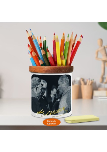 Sohbet Eden Mustafa Kemal Atatürk Ahşap Seramik KALEMLIK-S514