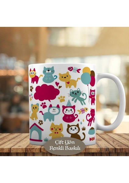 Rengarenk Kedi Desenleri Kupa Bardak HEDIYELIK-1042-31
