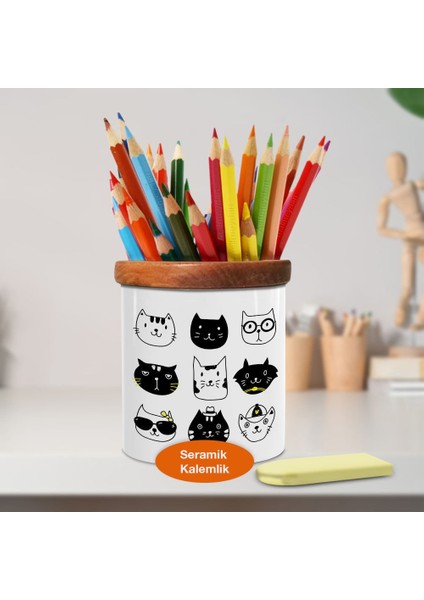 Siyah Beyaz Çizimsel Kediler Ahşap Seramik Kalemlik - 1096-199