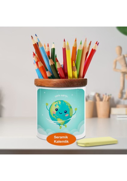 Gülümseyen ve Dönen Mutlu Dünya Ahşap Seramik Kalemlik -2147