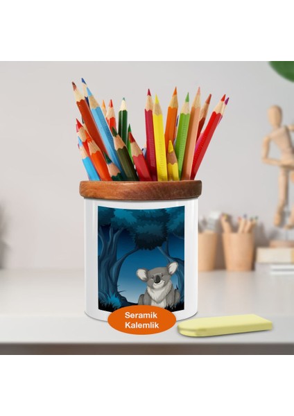 Gece Ormanda Koala Hayvan Ahşaplı Seramik Kalemlik - 1308-23948