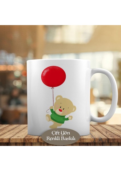 Kırmızı Balonlu Minik Eğlenceli Ayıcık Kupa Bardak HEDIYELIK-113
