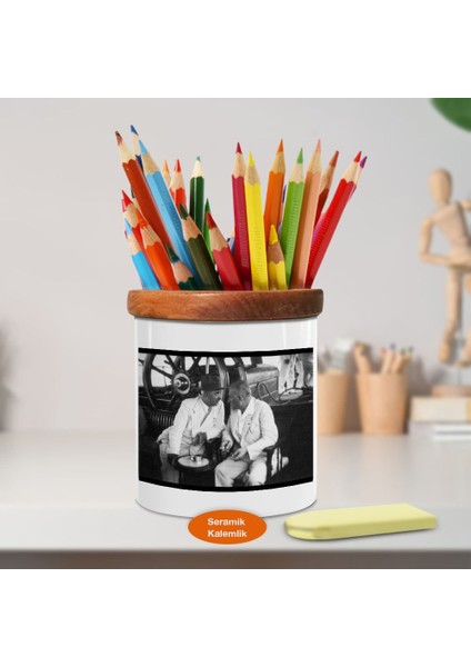 Beyaz Takımlı Mustafa Kemal Atatürk Ahşap Seramik Kalemlik -168)
