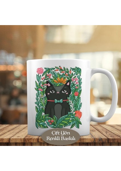 Çiçekler Arasında Siyah Tüylü Kedi Kupa Bardak HEDIYELIK-11314