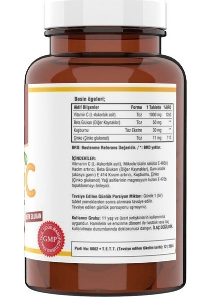C Vitamini 1000 Mg Beta Glucan Zinc Rose Hips 120 Tablet fiyatları