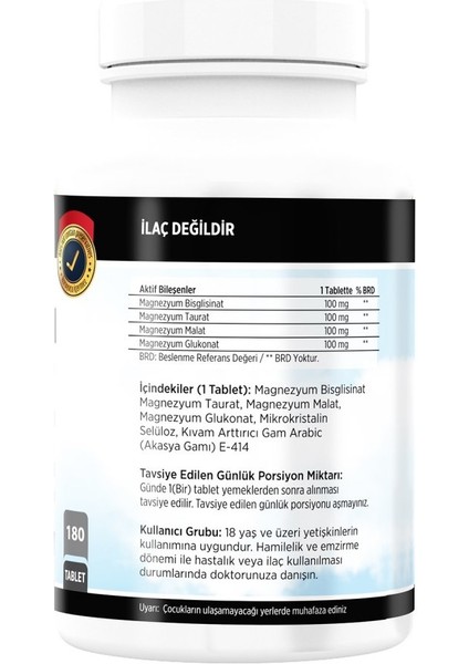 Magnezyum Bisglisinat Malat Taurat Glukonat 180 Tablet