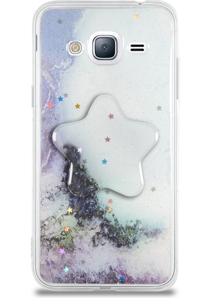 CaseWorld Samsung Galaxy J3 Kapak Mermer Desenli Pop Socketli Silikon Kılıf - Beyaz