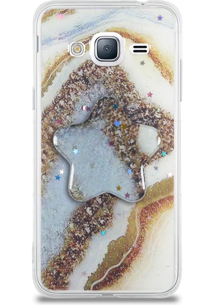 CaseWorld Samsung Galaxy J3 Kapak Mermer Desenli Pop Socketli Silikon Kılıf - Gold