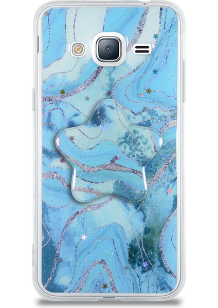 CaseWorld Samsung Galaxy J3 Kapak Mermer Desenli Pop Socketli Silikon Kılıf - Mavi