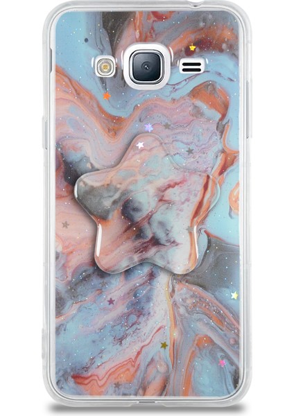 CaseWorld Samsung Galaxy J3 Kapak Mermer Desenli Pop Socketli Silikon Kılıf - Mercan