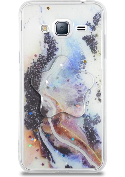 CaseWorld Samsung Galaxy J3 Kapak Mermer Desenli Pop Socketli Silikon Kılıf - Mor