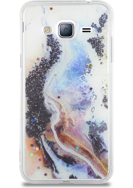 CaseWorld Samsung Galaxy J3 Kapak Mermer Desenli Pop Socketli Silikon Kılıf - Mor