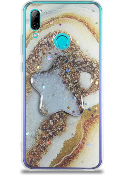 CaseWorld Huawei P Smart 2019 Kapak Mermer Desenli Pop Socketli Silikon Kılıf - Gold