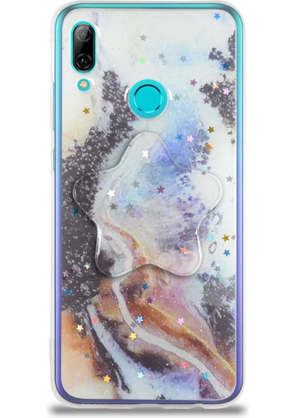 CaseWorld Huawei P Smart 2019 Kapak Mermer Desenli Pop Socketli Silikon Kılıf - Mor