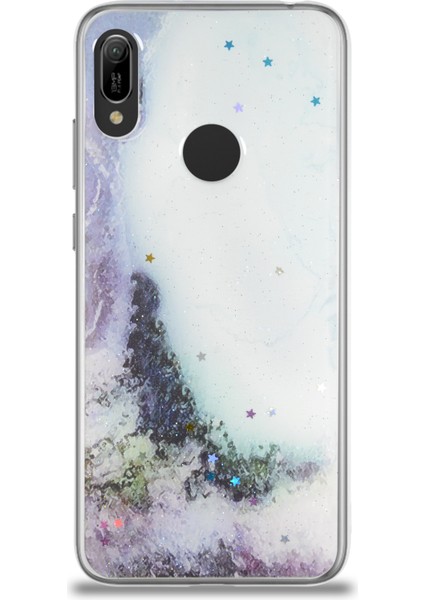 CaseWorld Huawei Y6 2019 Kapak Mermer Desenli Pop Socketli Silikon Kılıf - Beyaz